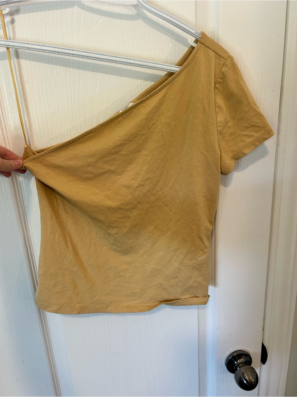 Guess One-Shoulder Short Sleeve Crop Top in Mustard Yellow